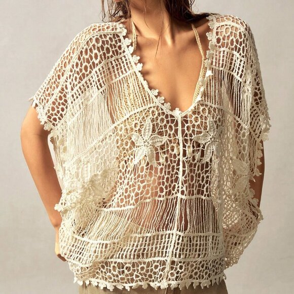 Beige Boho Women's Hollowed Out Knit Blouse top vacay beachy - Picture 6 of 7
